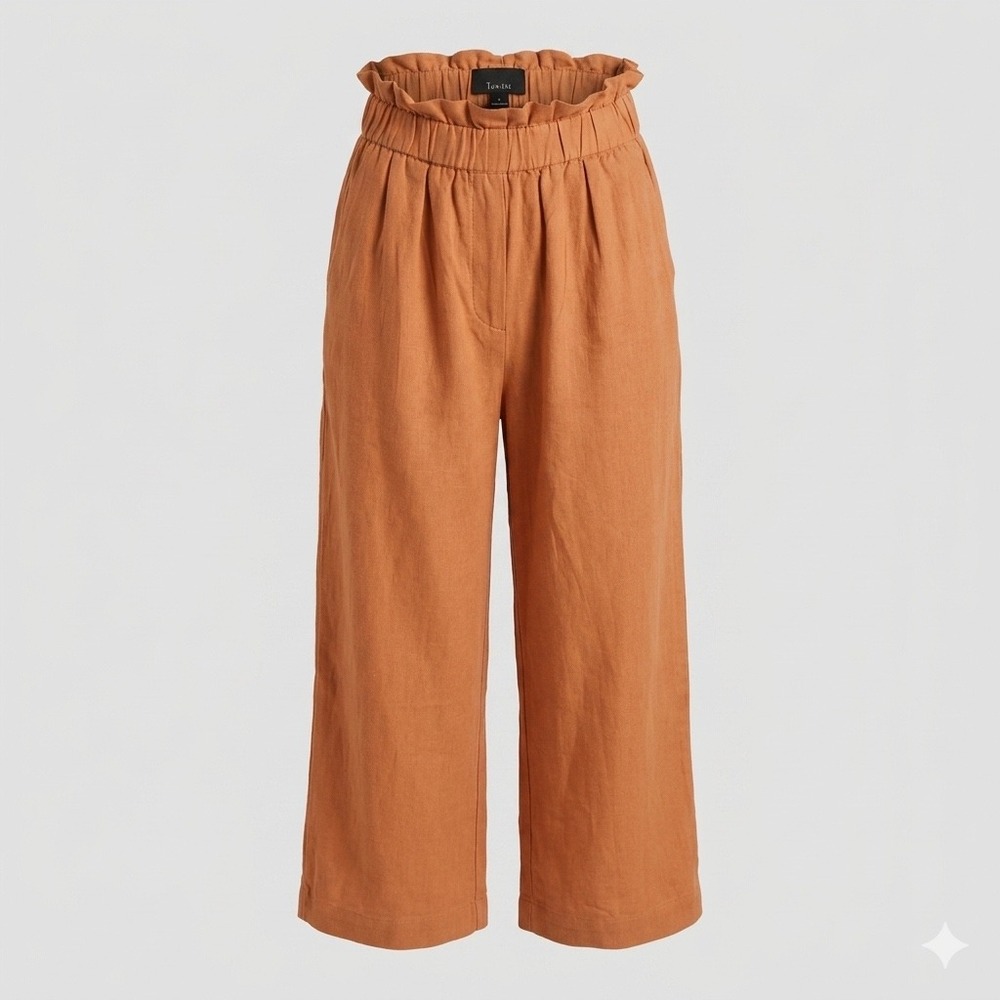 Lumiere Paperbag‎ Elastic Waist Wide Leg Crop Pants Hi Rise Orange Rust Small